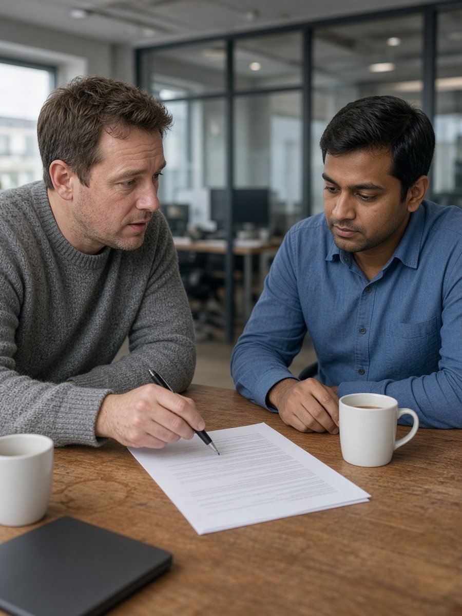 Two colleagues at a table in a modern office, one pointing to a figure on a printed document while the other listens